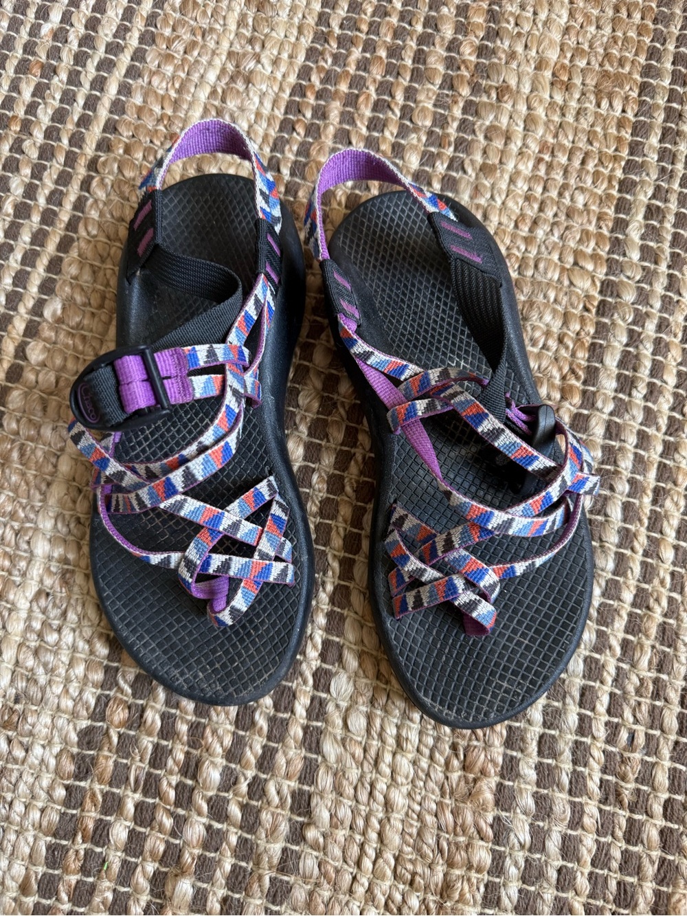 Chaco Women's Black Sandals with Purple and Multicolor Straps